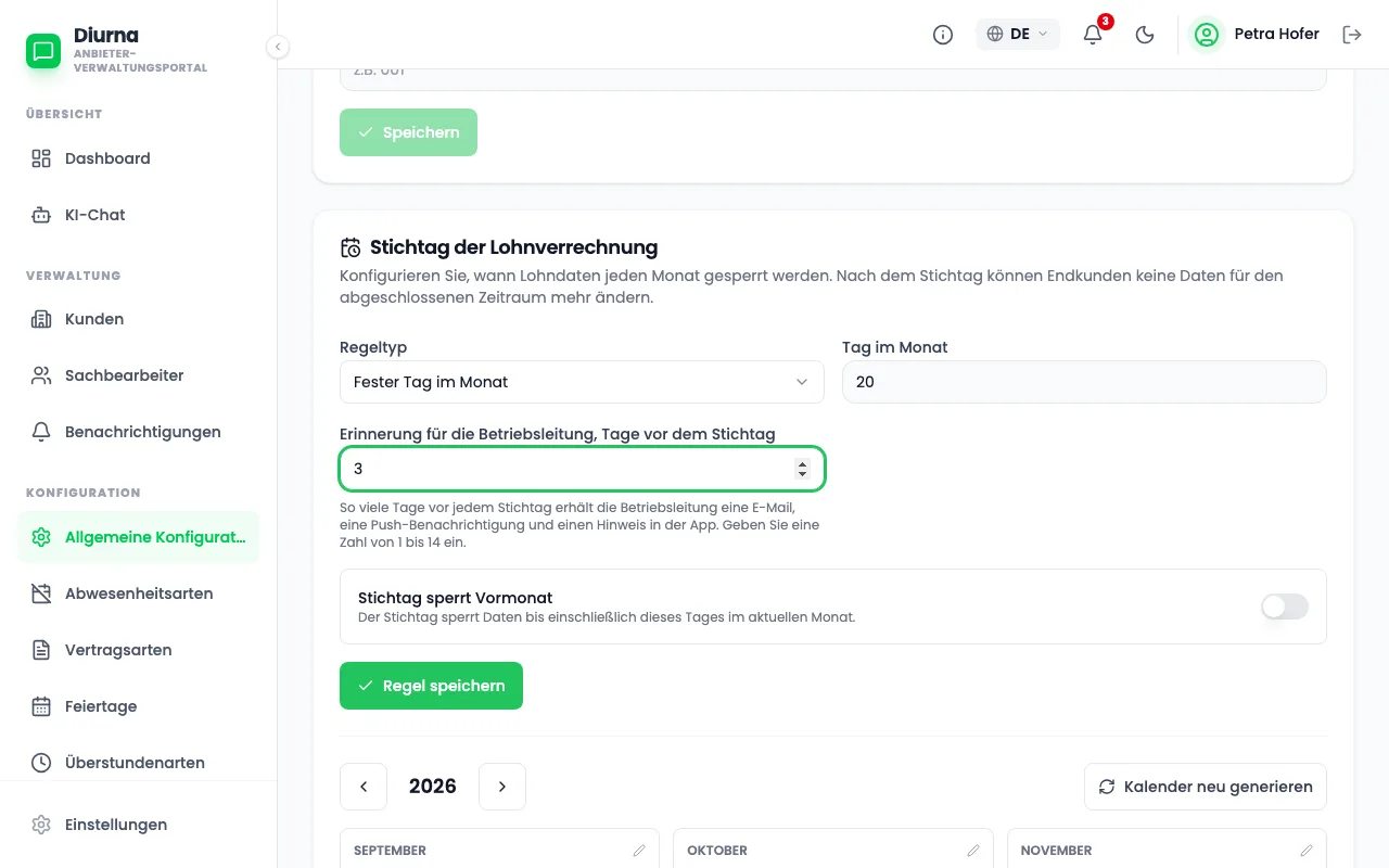Erinnerungstage für die Betriebsleitung festlegen