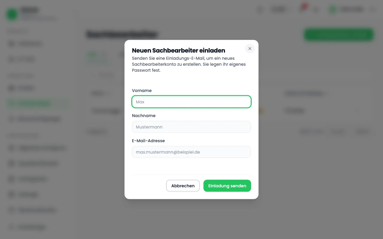 Sachbearbeitung einladen