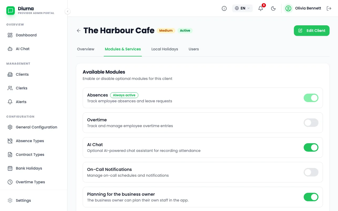 Switch modules for a client