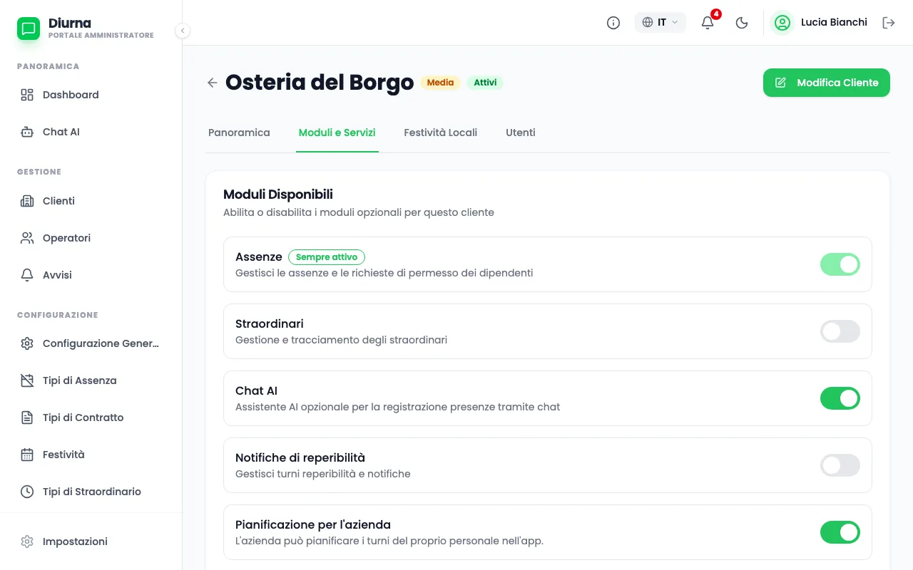 Attivare i moduli di un cliente